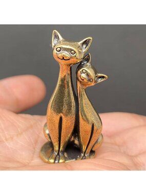 Brass Cat Couple Figurine Miniature Love Totem Altar Decor Spirit Animal